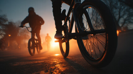 Obraz premium Dynamic cycling scene featuring mountain and road bikes in outdoor sunset setting with silhouettes of riders, capturing adventure, fitness, and outdoor activity