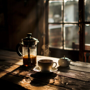 French press with cup of coffee