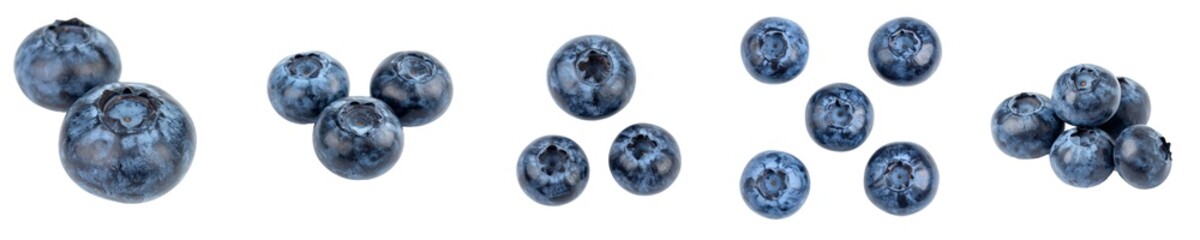 Obraz premium Fresh blueberries falling, healthy sweet blue fruit, delicious rich in antioxidant food on transparent background