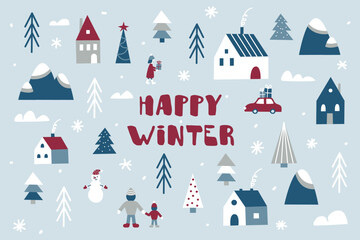 Festive winter vector set of elements in Scandinavian style