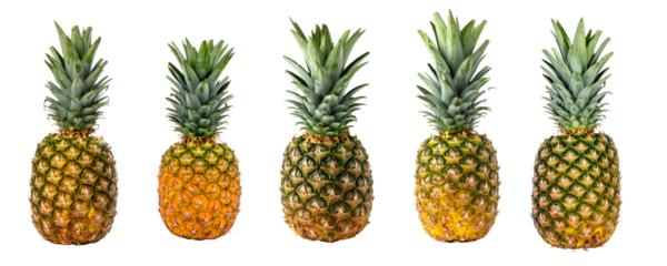 Five whole pineapples in a row presenting fresh, healthy, tropical fruit, ripe and ready for eating on transparent background
