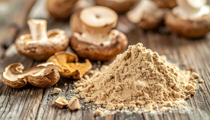 Fototapeta premium Dried mushrooms and mushroom powder on wooden surface, natural and earthy tones, culinary
