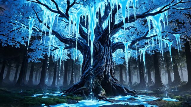 Under a full moon, an ancient tree with radiant blue leaves stands tall in a magical forest. Soft light spills onto the ground, creating a serene atmosphere filled with wonder and enchantment.