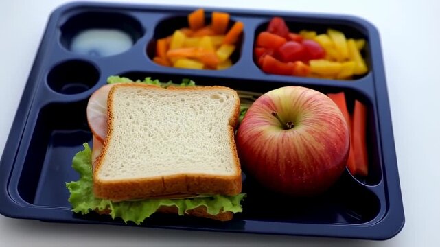 School Lunch Tray with Sandwich, Apple, and Vegetables on White Background.