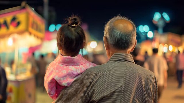 夏祭りで肩車しながら花火を見上げる日本人祖父と孫