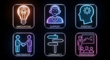 Vibrant neon glow symbols depicting core business principles innovation, strategy, partnership, support, community, and effective communication