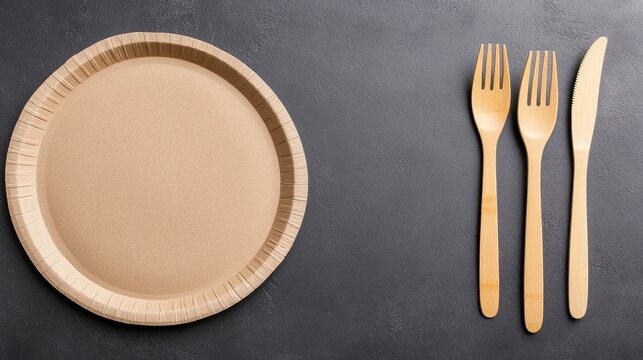 A vibrant eco-friendly dining setup featuring paper plates, wooden cutlery, and cardboard cups on a dark surface