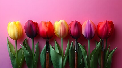 A colorful assortment of tulips with paintbrushes against a pink backdrop artful