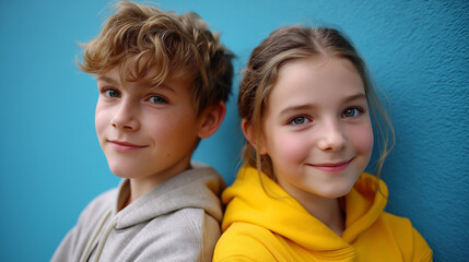 Boy and girl back-to-back against blue wall, playful friendship portrait, street style, color blocking, childhood attitude, fashion vibe, with copy space