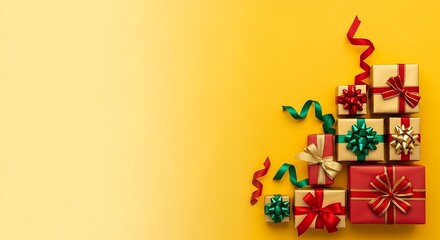 Fototapeta premium Christmas Background with Yellow Gradient and Gift Boxes with Ribbons on Dark Side