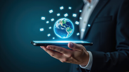 Digital communication, global connectivity, smartphone technology, email notifications, business professional, modern lifestyle