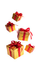 Collection of Golden Gift Boxes with Red Ribbons Floating Against a Transparent Background