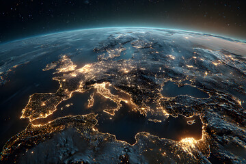 Planet Earth at night seen from space with illuminated cities in Europe, Africa, Middle East, Asia regions, highlighting human activity and global connectivity against the dark universe. Space.