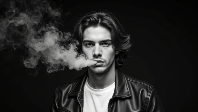 Young man with long hair exhales smoke, wearing leather jacket and white shirt, creating moody atmosphere