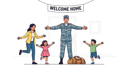An illustrated military family reunion as a soldier in uniform is welcomed home by his wife and two children.