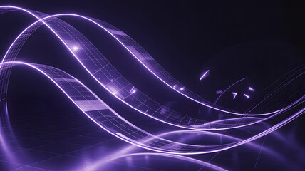 Purple Data Wave Flowing on Grid. Abstract digital wave of glowing purple lines and geometric patterns moving over reflective grid surface, symbolizing data streams, technology, and futuristic concept