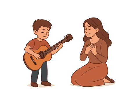 child performing solo music piece for mom heartfelt and emotional celebration flat vector illustration style isolated on white background