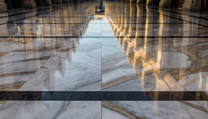 Marble floor with reflections of architectural columns and light.