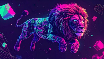 Vibrant neon lion illustration, glowing with psychedelic patterns amidst abstract geometric shapes in a dark, futuristic digital art composition, embodying power and dynamic energy