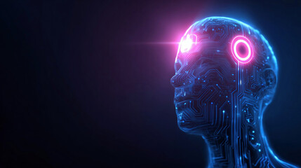 Digital human head with circuit on power button element into a head. Abstract AI robot with HUD bright neon light element as Power On button.