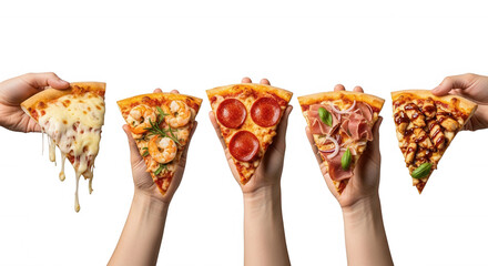 Slices of diverse pizza held against black isolated on a transparent background