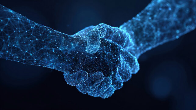 Digital handshake on blue technology background. Abstract two hands in lines, connected dots, and triangles. Polygonal grid 3D  illustration. Business partnership concept.