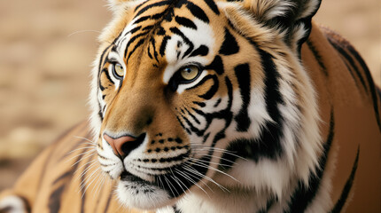 Fototapeta premium A detailed close-up portrait of a tiger's face. Majestic wild animal with orange and black stripes. Wildlife in its natural habitat.