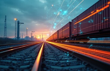 Fototapeta premium Cargo train moves through industrial zone at sunset. Digital network overlays map global logistics and supply chains. Industry, transport, and trade connect.