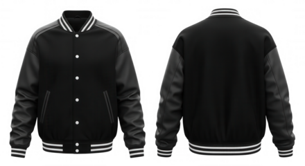 Black varsity jacket with white stripes isolated on a transparent background