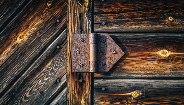 Old wooden door with rusty metal hinge and visible wood grain.