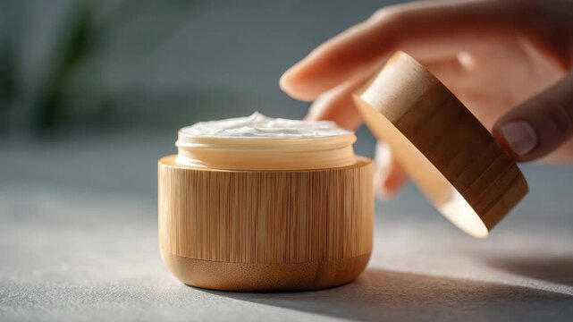 Close up of a person&rsquo;s hand opening a wooden container with creamy moisturizer, emphasizing organic beauty products. The scene conveys wellness, self care, and eco conscious living