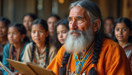 Obraz premium Elderly Native American man tells stories to children. He holds an open book, sharing oral traditions. Young people listen intently, learning about their heritage and past.