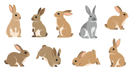 Fototapeta premium A collection of various cartoon rabbit illustrations against a white background, in various poses.