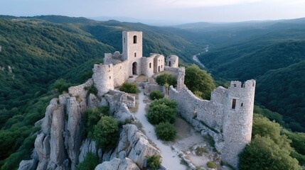 Aerial View of Historic Stone Castle Ruins on a Rocky Mountain Peak Surrounded by Lush Green Forests During Golden Hour Sunlight