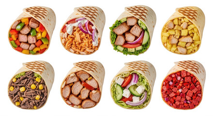 Assorted wraps filled with meats and vegetables isolated on a transparent background