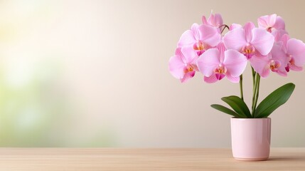 Naklejka premium A vibrant pink orchid gracefully highlights the charm of a wooden table in a softly blurred, peaceful background