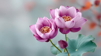 Fototapeta premium Delicate Pink Lotus Blossoms with Green Leaves and Subtle Bokeh Background Soft Natural Lighting Macro Botanical Photography