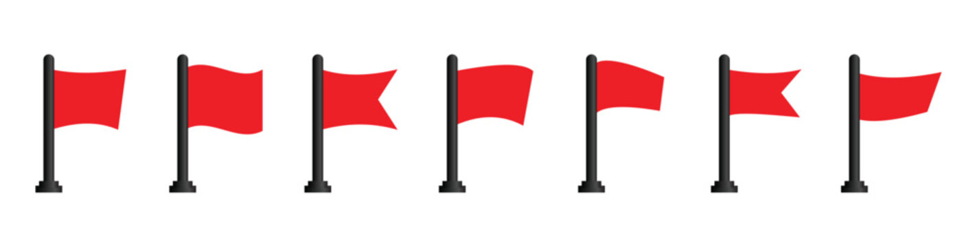 Set of flag icons collection. Red flag warning icon set for alert messages. Set of different red flag vector shapes. Hazard emblem minimal vector Flag. Vector illustration