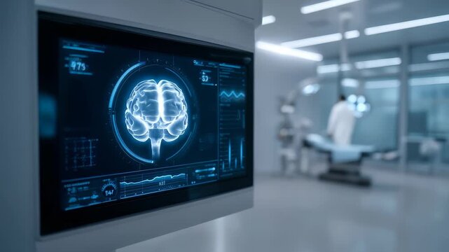 A digital brain scan is prominently shown on a sleek monitor in a state of the art medical laboratory. The scene highlights innovation in neuroscience and the future of healthcare technology - Powered by Adobe