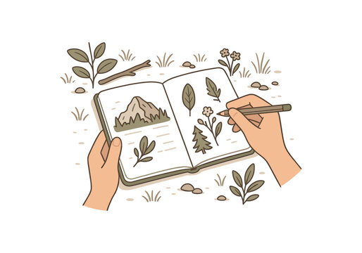 drawing nature sketches outdoor notebook slow creative exploration flat vector illustration style isolated on white background