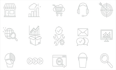 Comprehensive Vector Line Icon Set for E-commerce, Digital Marketing, SEO, and Business Analytics Modern Online Strategy & Web Development Service Symbols