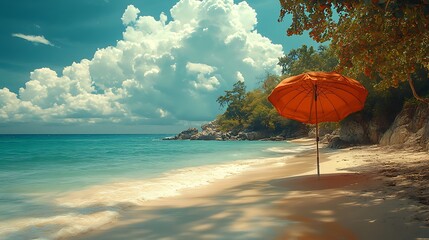 A vibrant beach scene with umbrella, turquoise water, and fluffy white clouds