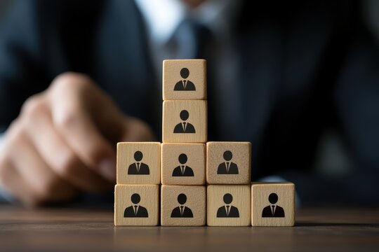 Hierarchical Organization: A conceptual illustration depicting the structure of a company, with wooden blocks carefully arranged in a pyramid, symbolizing an organized corporate framework.