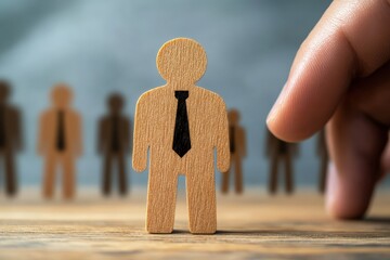 Choose the Right Candidate: An image of career concept, human hand choosing a wooden figure, symbolizing the critical moment of hiring or talent selection, with the selection process