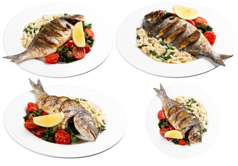 
Fried dorado fish and vegetables on a plate. Transparent.