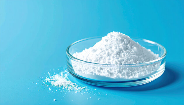 Glass plate with white titanium dioxide powder on blue background, scientific and chemical material