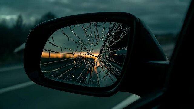 Cracked Car Side Mirror Reflecting Sunset Road with Shattered Glass Patterns