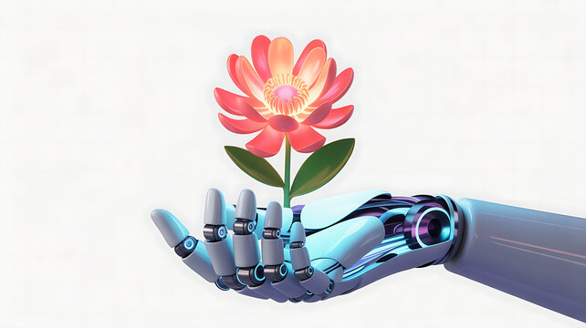 Robotic hand holding a glowing pink lotus flower with green leaves robot hand artificial intelligence - Powered by Adobe