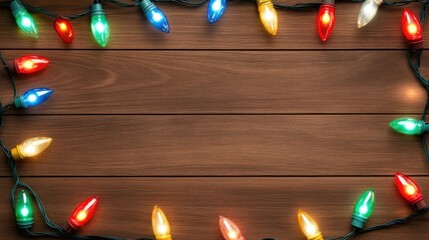 Obraz premium Colorful Christmas lights garland encircling empty space on dark wooden surface perfect for festive messages during the holiday season