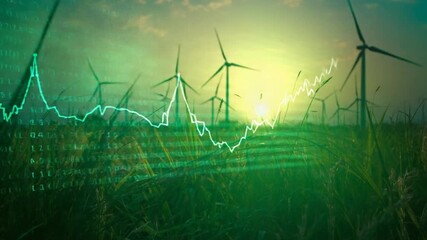 Wind Turbines in a Field at Sunset with Stock Market Graph Overlay renewable energy green energy - Powered by Adobe